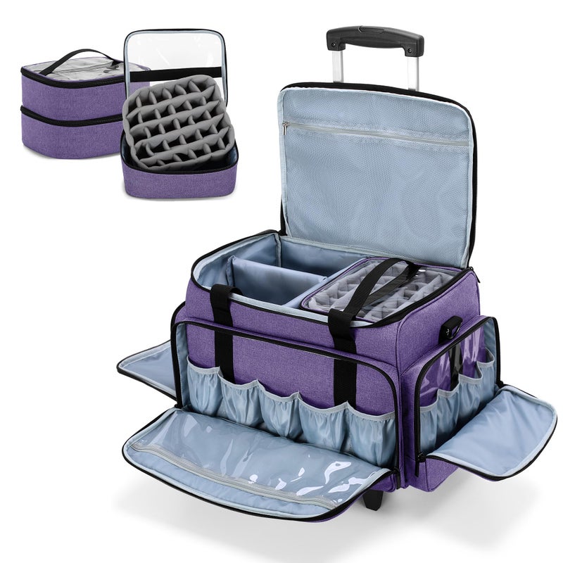 LUXJA Rolling Nail Polish Organizer Holds 90 Bottles and a Nail Lamp Rolling Nail Polish Case with a Detachable Dolly and 3 Removable Cases Patented Purple